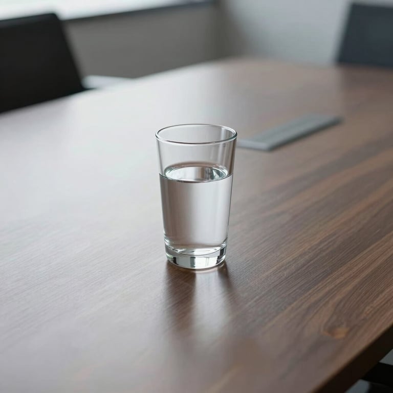 A minimalist, high-end boardroom table with a single glass of water, reflecting a clean and professional corporate environment.