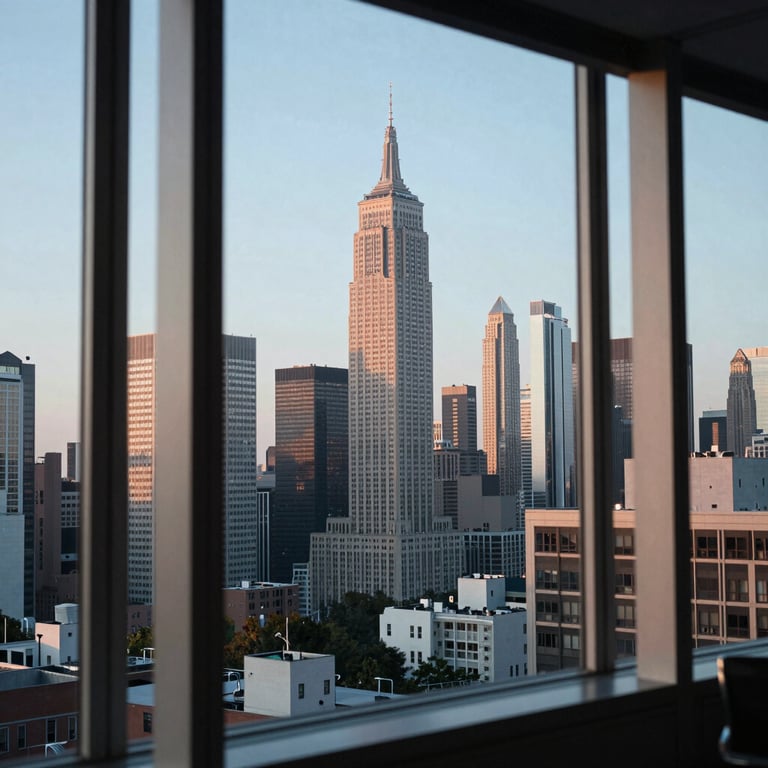 A view of a prestigious city skyline through a large office window at dawn, soft light blue and white color palette.