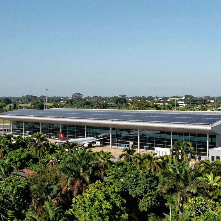 Modern airport terminal exterior seamlessly blending with lush green nature and solar panels on the roof, sunny day, clear sky, professional architectural photography, Latin American / Spanish-speaking context, no people.