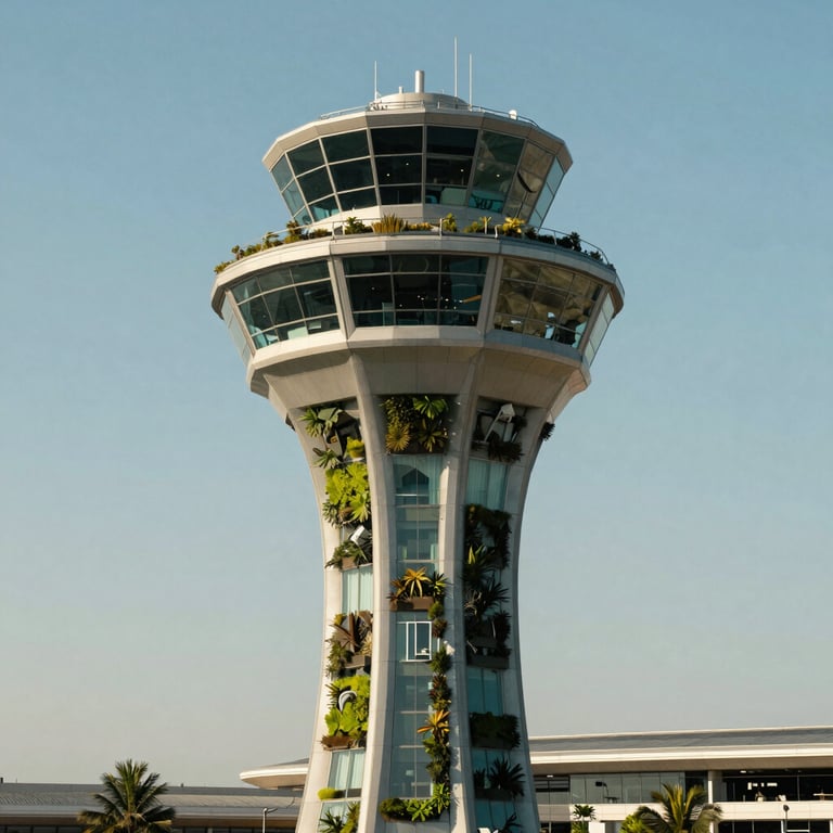 Wide shot of a futuristic airport control tower featuring green roofs and vertical gardens, sunny day.