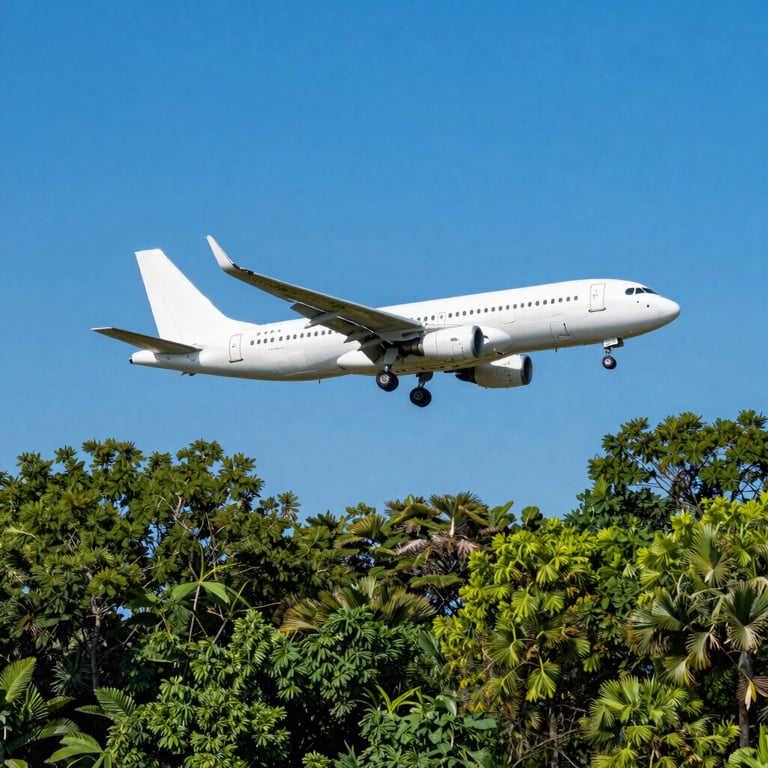 A commercial airplane flying cleanly over a vast, lush canopy of green trees, vibrant blue sky.
