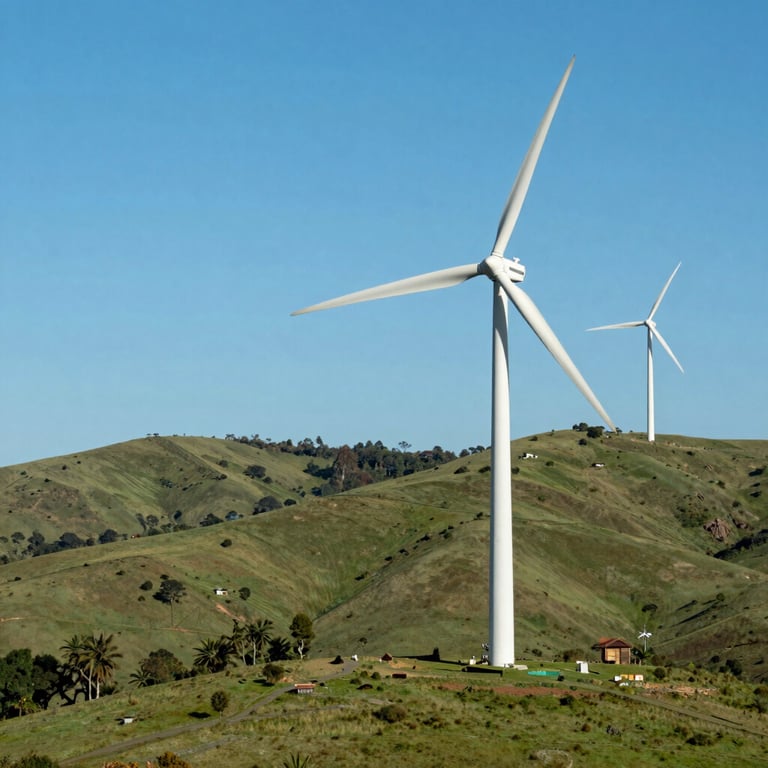 Wind turbines on rolling green hills under a bright blue sky, clean energy in a Latin American landscape.