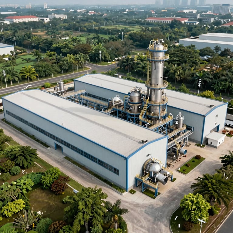 High-angle view of a modern clean industrial plant surrounded by native flora and green trees, eco-friendly.