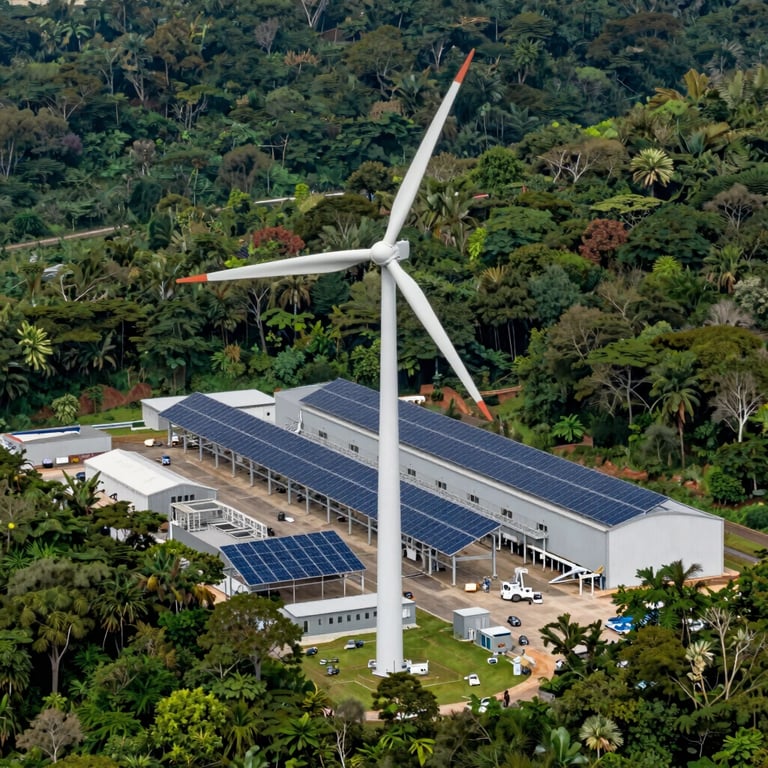 Wind turbines and solar panels integrated into a high-tech clean industrial facility surrounded by a vibrant green forest, cinematic lighting, no people, professional photography, Latin American / Spanish-speaking context.