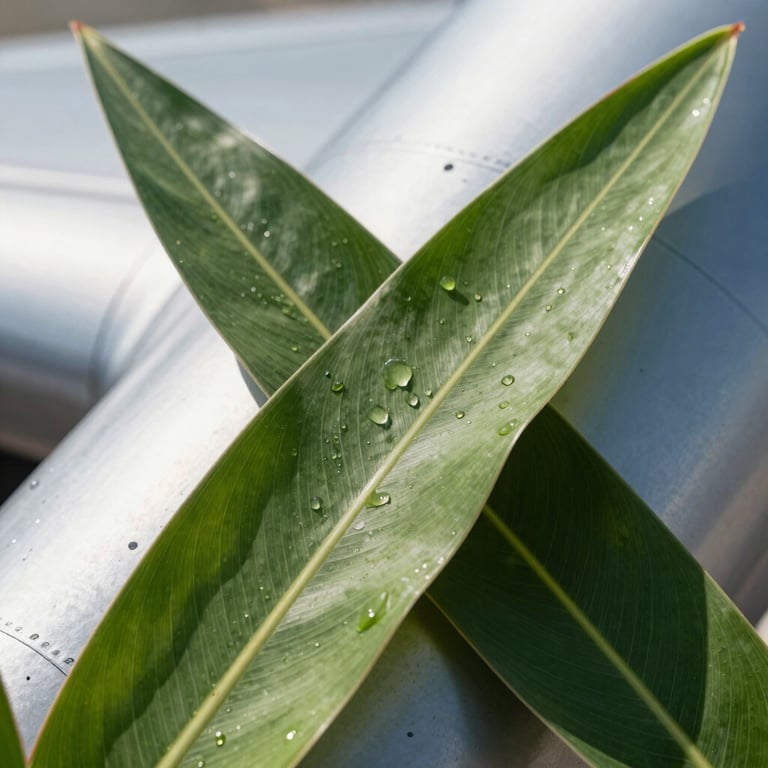 Abstract macro shot of green leaves intersecting with sleek metallic industrial aviation surfaces, bright and fresh.