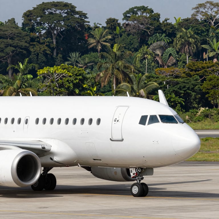Close up of an airplane on a modern tarmac with a background of a dense tropical rainforest, emphasizing clean aviation and nature harmony, bright daylight, no people, professional photography, Latin American / Spanish-speaking context.