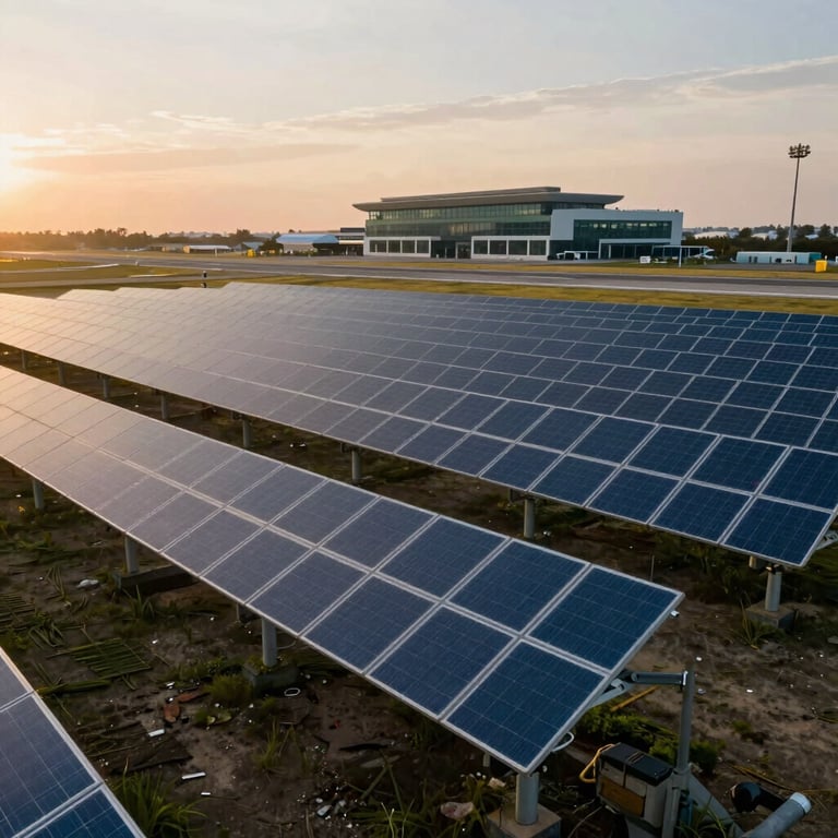 Solar farm next to a modern airport runway, sunset lighting, high tech clean energy concept, no people.