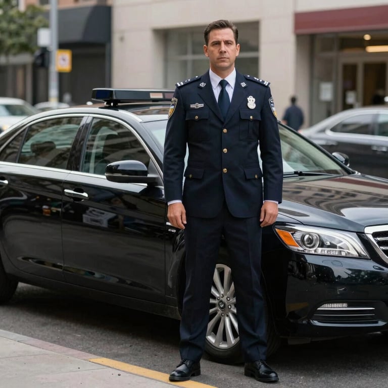 A professional security agent in a dark navy suit standing beside a black executive sedan in a North American urban setting.