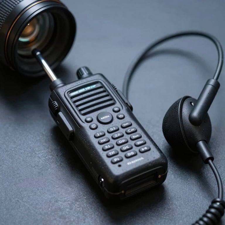 A macro photograph of professional security equipment, like a high-end radio and earpiece, on a dark blue-gray surface.