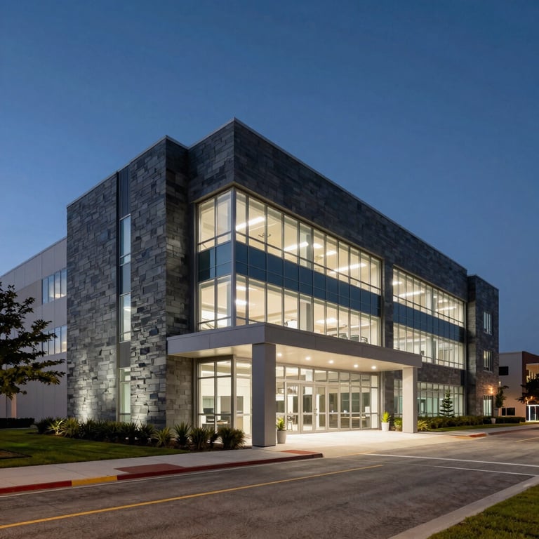 A wide shot of a modern, well-lit US corporate facility at night, showing sleek architecture and slate gray accents.