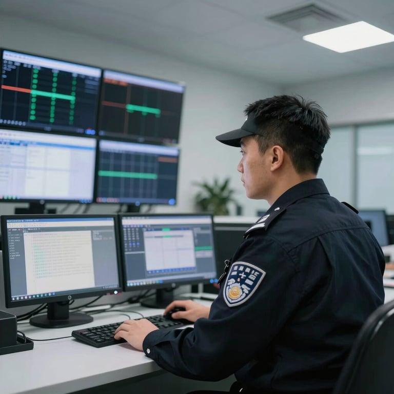 A security officer in a dark uniform monitoring a bank of digital screens in a clean, modern operations room.