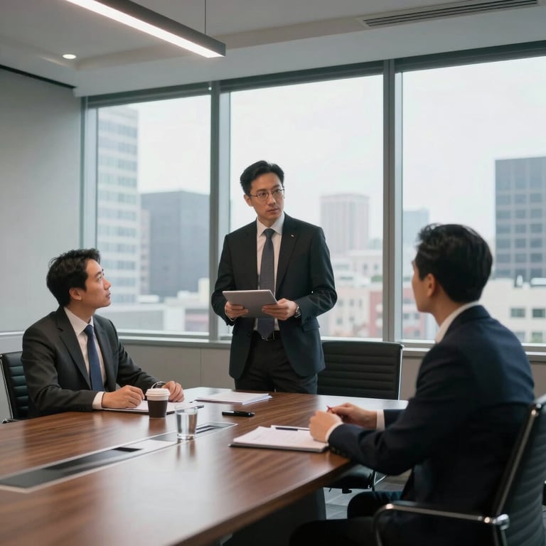 A professional security consultation taking place in a modern US boardroom with large windows overlooking a city.