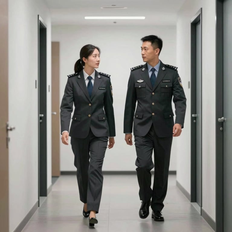 Two elite security professionals in charcoal suits walking down a clean, minimalist hallway in a North American office.