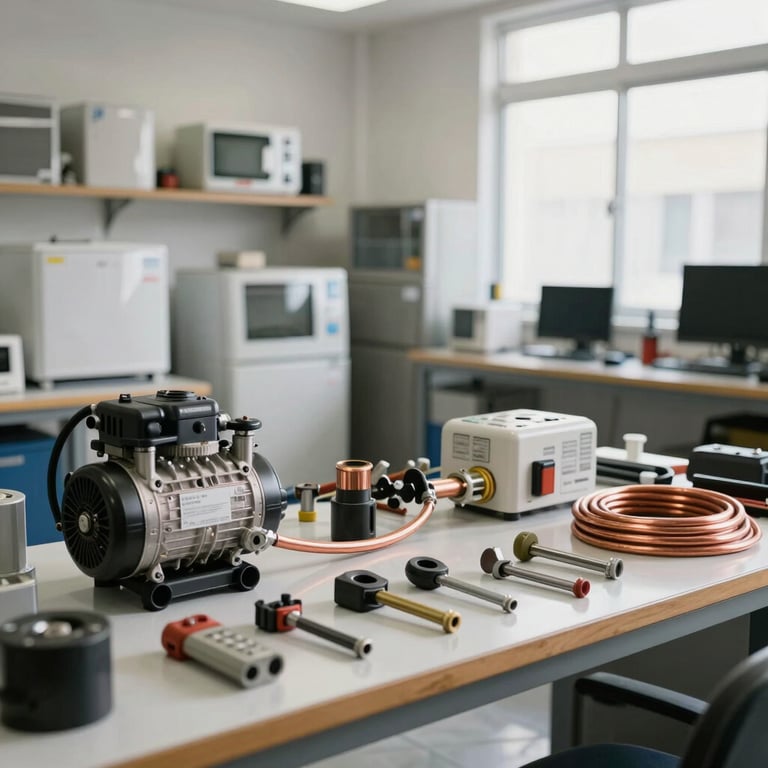 Wide shot of a clean, organized appliance repair workshop in Bur Dubai, with copper compressor lines and tools neatly arranged on a workbench, bright daylight