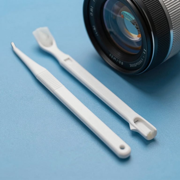 A pair of clean, white dental tools resting on a blue surface.