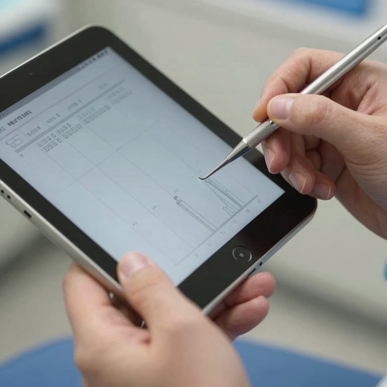 A close-up of a dentist's hands holding a tablet with clear digital records.