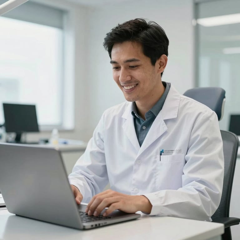 A professional dentist on a video call in a bright South American office.