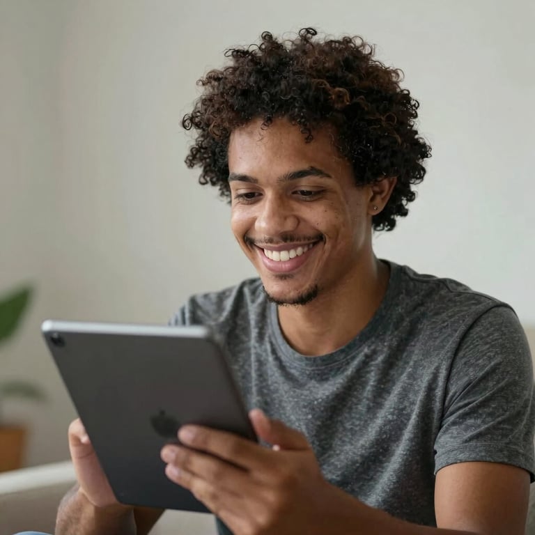A Brazilian patient smiling confidently while talking to their tablet.