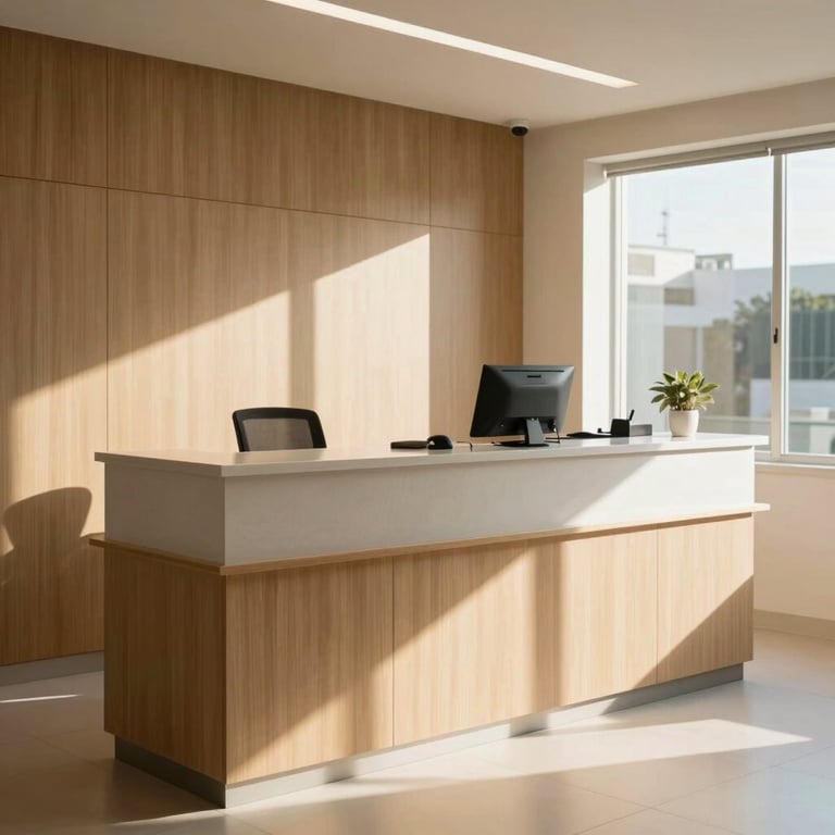 Warm, natural light hitting a modern clinic reception in Brazil.