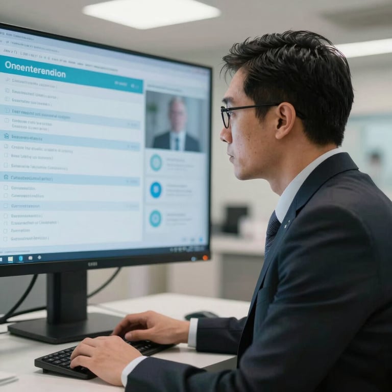 A focused professional in business attire looking at a digital healthcare wall monitor in a US-based clinic.