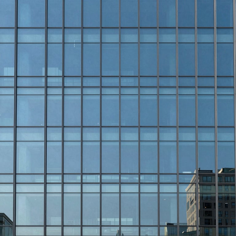 Minimalist composition of a glass building reflecting a blue sky, modern professional corporate architecture.