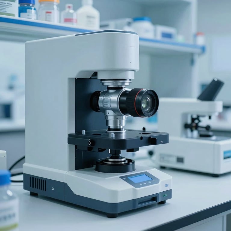 Clinical laboratory equipment with light blue lighting and white surfaces, conveying precision and innovation.