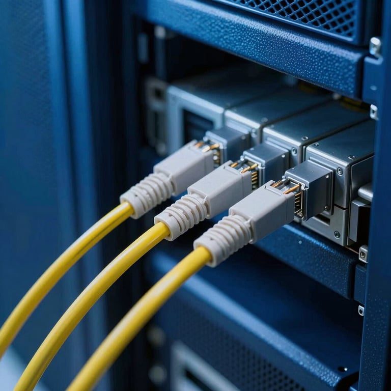 Macro shot of a high-speed data transmission fiber optic cable in a secure deep blue server room.