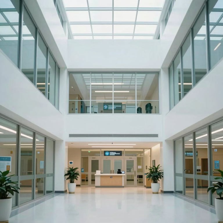 Modern North American / US hospital lobby with minimalist architecture and glass walls, bright white and pale blue tones.