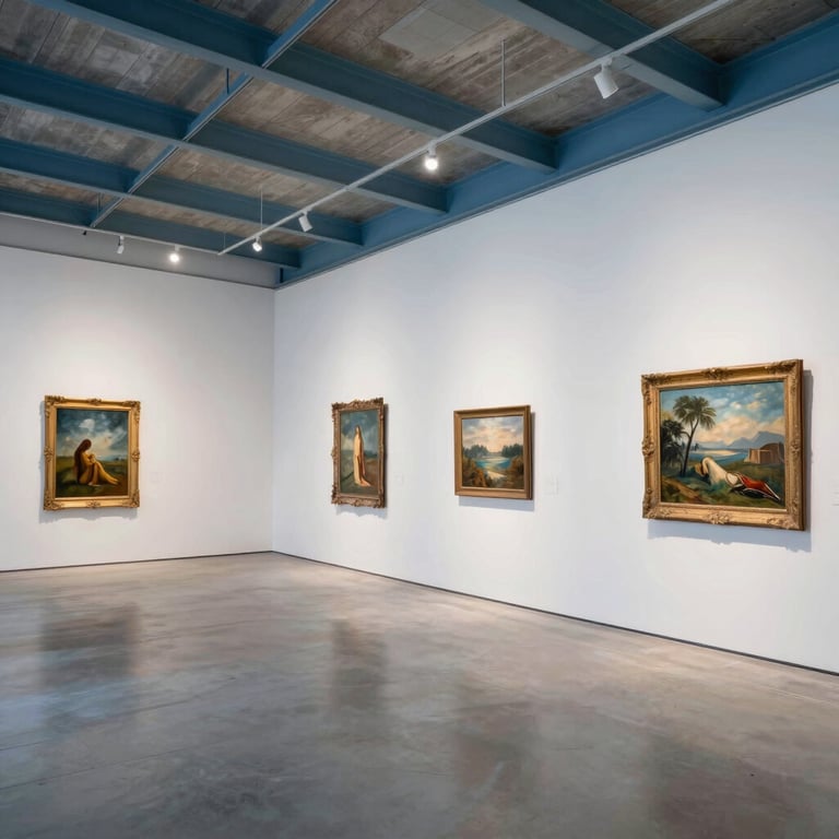 A wide-angle shot of a bright, professional art gallery space with steel blue and light blue decorative details.