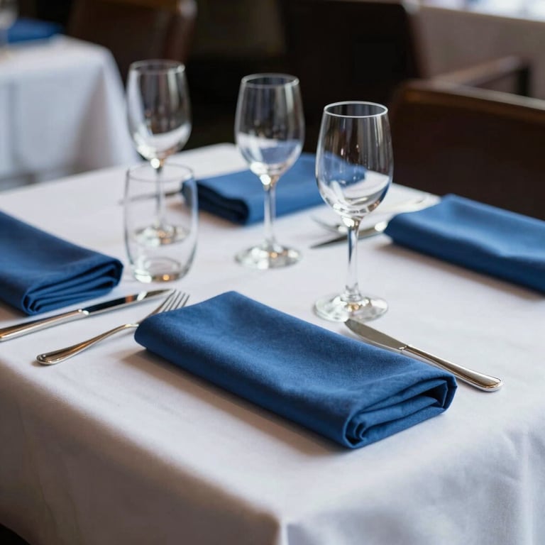 A sophisticated business lunch table setting in a North American restaurant with clean white linens and steel blue napkins.