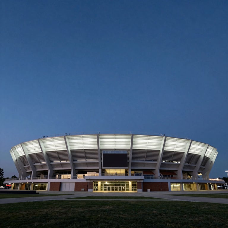 A sleek, modern sports stadium exterior at dusk in North America, with a calm navy sky and soft architectural lighting.