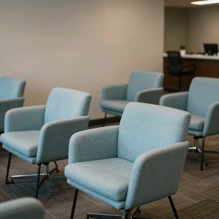 A comfortable and professional lounge area in a US business club, featuring light blue chairs and a sense of quiet privacy.