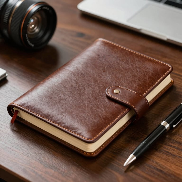 A close-up of a high-quality leather notebook and a pen on a mahogany desk in a North American / US executive suite.