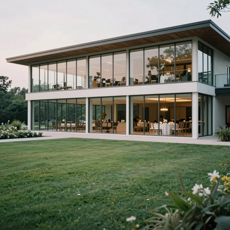 An exterior view of a modern wedding venue in the US, featuring clean glass architecture and manicured green lawns.