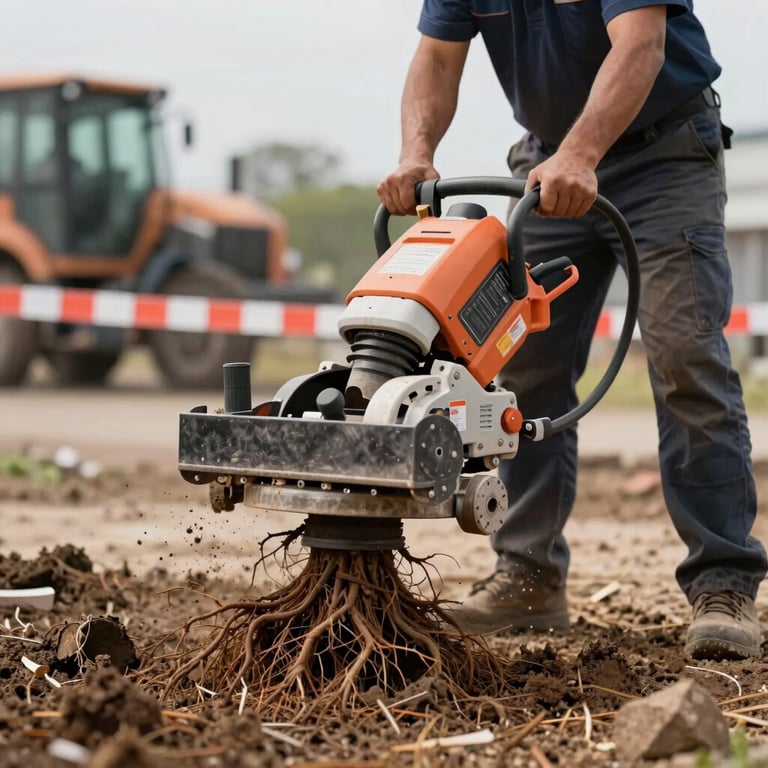 A powerful stump grinder in action, effectively removing a large root system in a clean, professional manner with safety barriers in place.