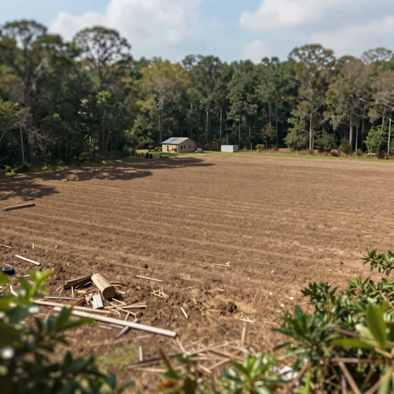 A large plot of land in South Carolina perfectly cleared of brush and debris, ready for new development, showing a clean and tidy result.