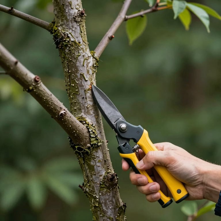 A close-up of a precise pruning cut on a healthy hardwood tree, showcasing expert technique and care for tree health, with deep forest green tones.