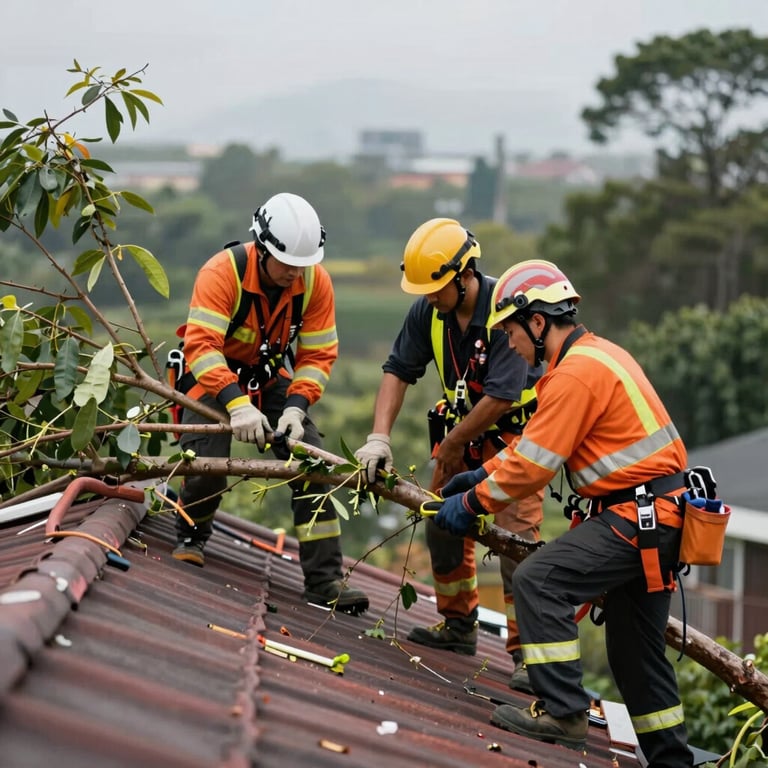 A professional crew performing emergency storm work, removing a fallen branch from a roof with technical precision and specialized equipment.