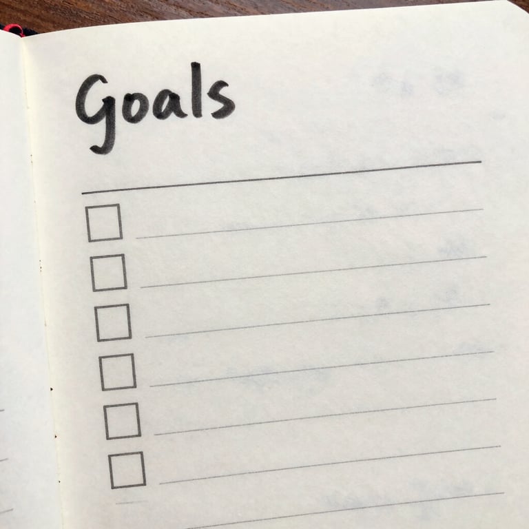 A closeup of a notepad with blurry text of goals and check marks