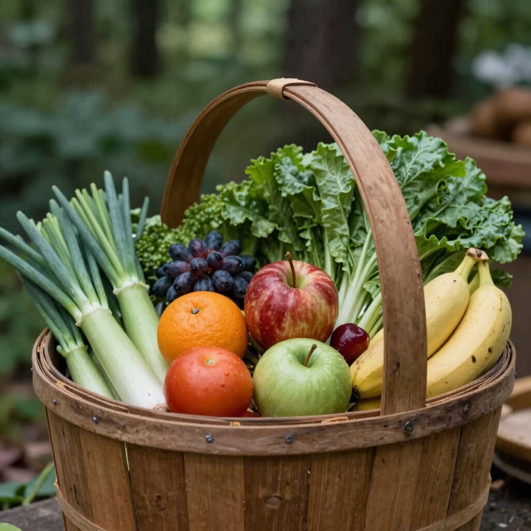 A rustic wooden basket overflowing with fresh, locally grown fruits and vegetables at a North American outdoor market, natural lighting and deep forest green accents.