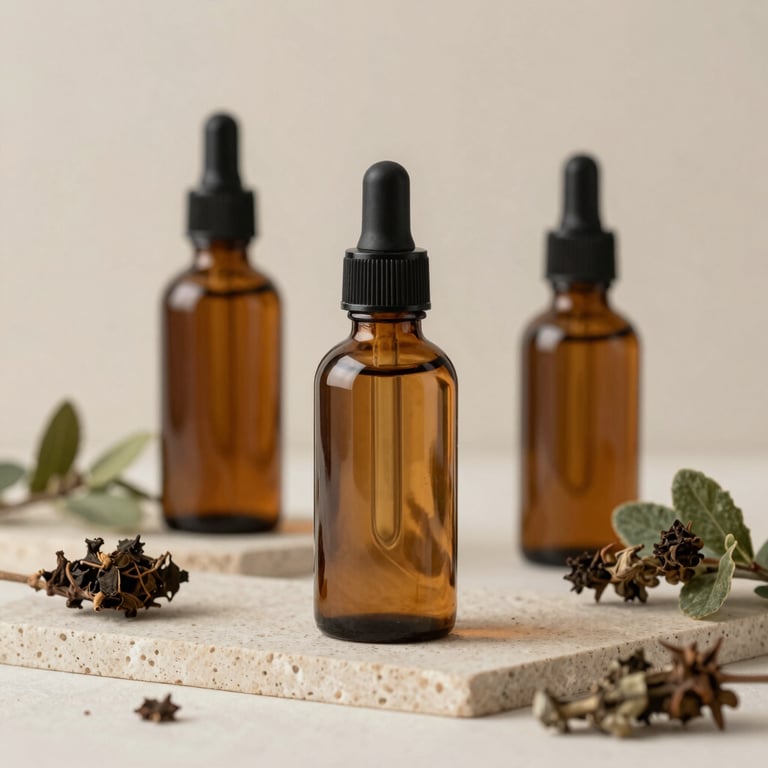 Close-up of organic herbal skin care bottles on a light cream stone surface, featuring natural botanical elements in the background and soft, modern lighting.