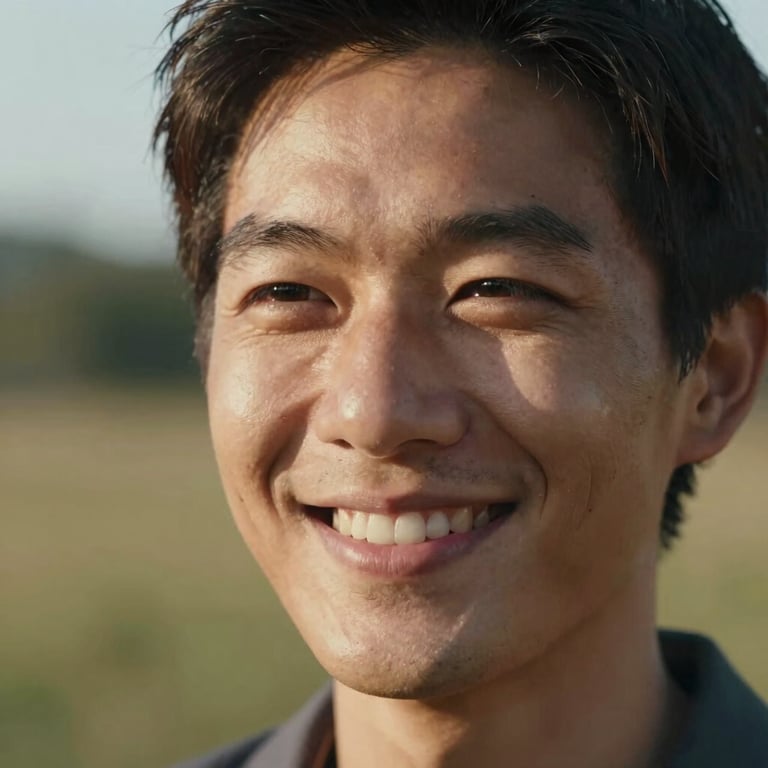 A close-up portrait of a person smiling warmly in a sun-drenched North American outdoor setting, natural skin texture and an empowering, serene expression.