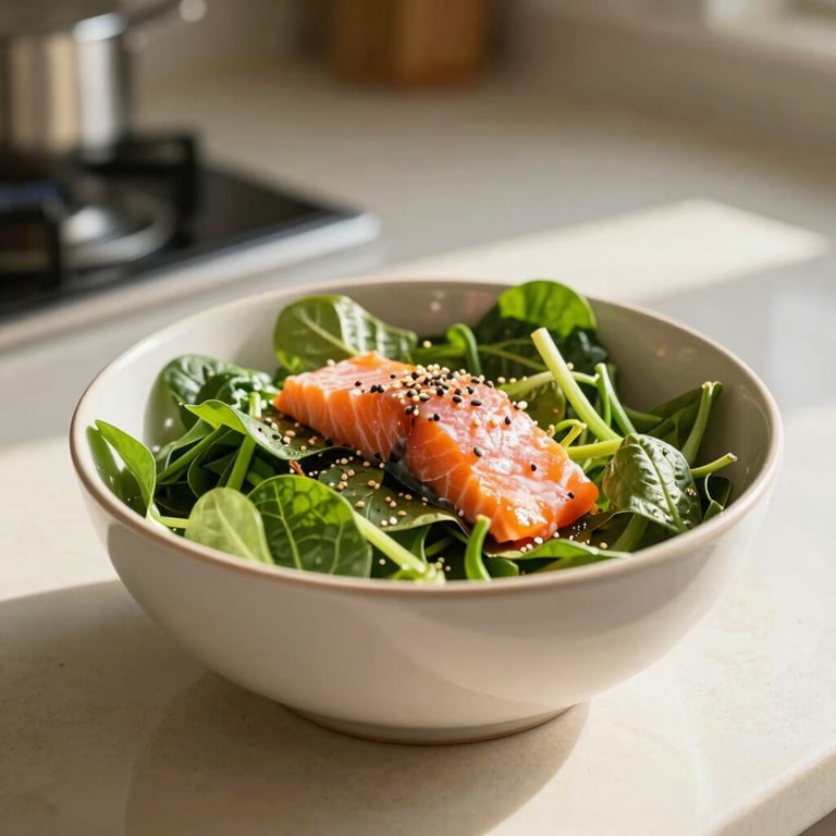 A vibrant, colorful bowl featuring fresh organic greens, salmon, and seeds in a North American kitchen, bathed in natural morning light with cream and beige tones.