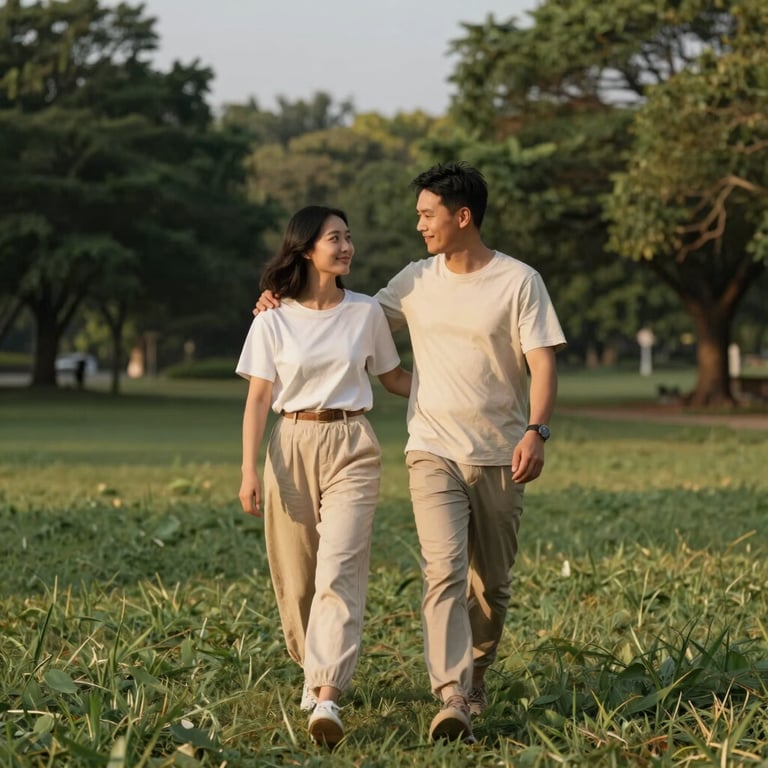 A couple walking through a lush North American park during golden hour, wearing casual beige attire, conveying a supportive and loving relationship mood.