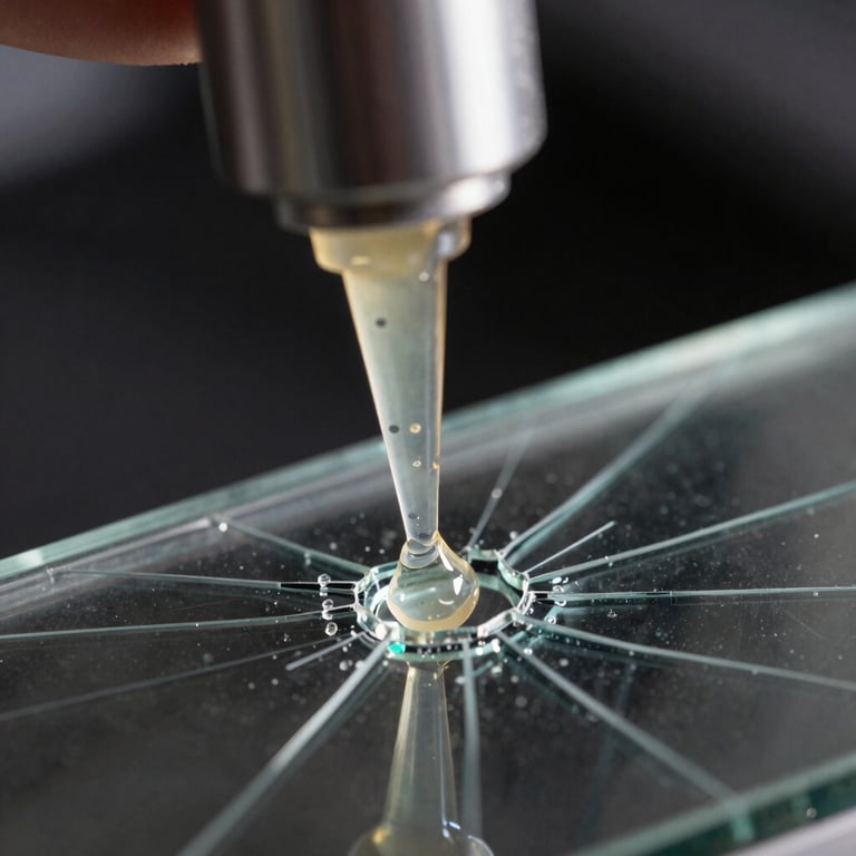 Macro photography of high-quality clear resin being injected into a glass crack, showing professional detail and clarity.
