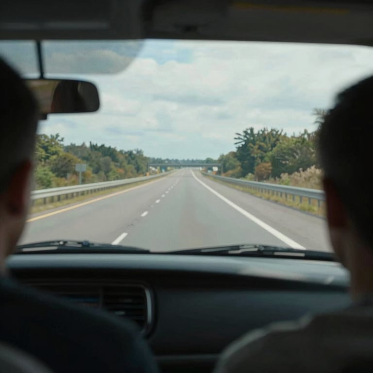 A driver's perspective from inside a car looking through a perfectly clean, streak-free windshield onto a scenic open highway.