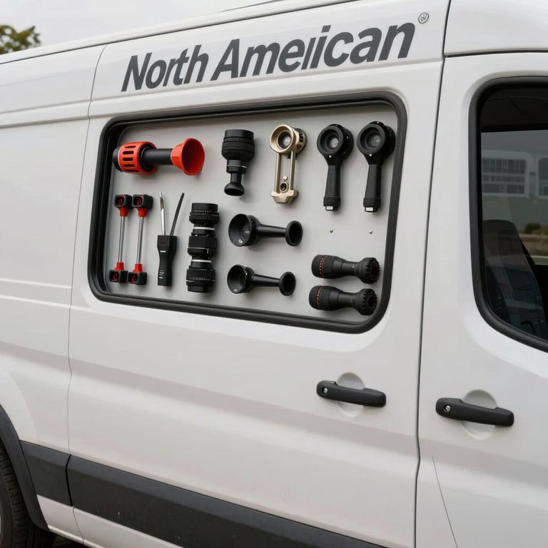 A close-up of a branded North American mobile service vehicle showing tools organized neatly in the back against an off-white interior.