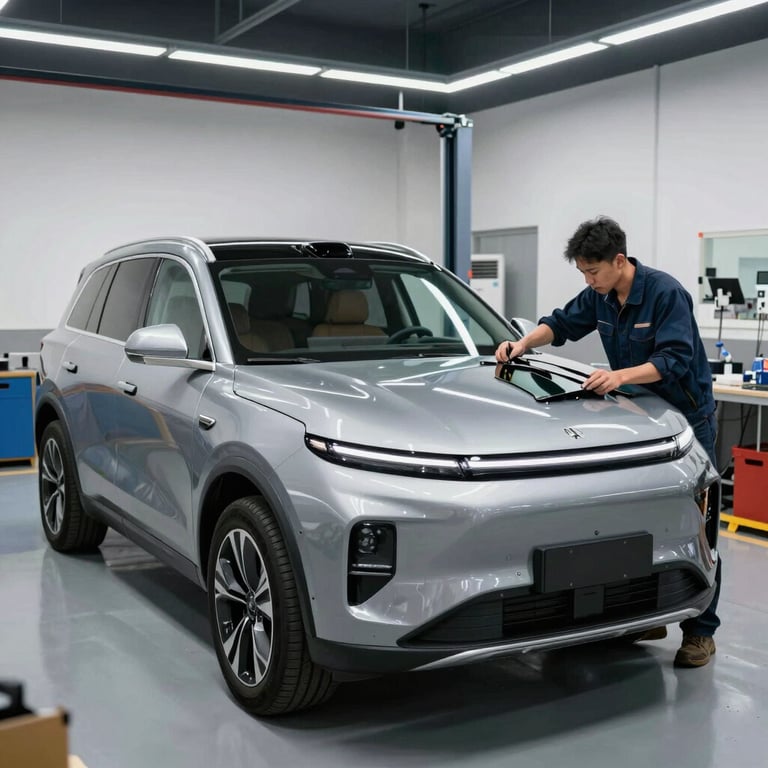 A wide shot of a technician skillfully installing a large front windshield on a modern SUV in a clean, well-lit service bay.