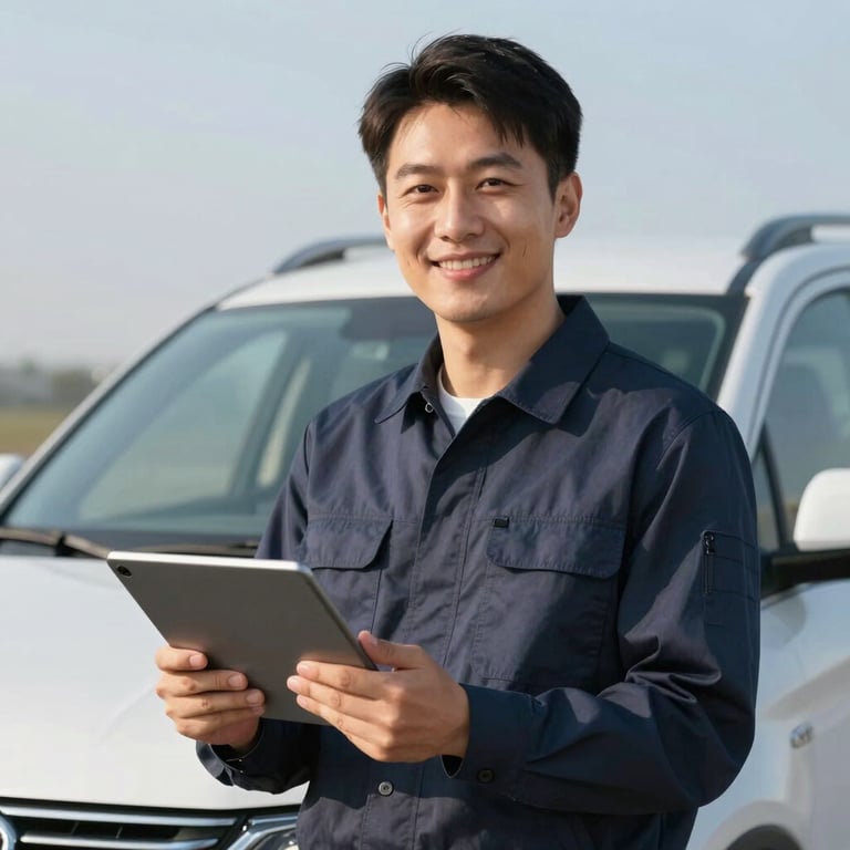 A portrait of a friendly technician holding a tablet for a digital quote, standing in front of a vehicle under a bright, clear sky.