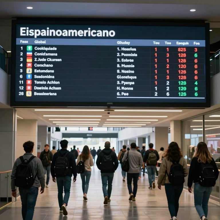 A digital display in a stadium concourse showing data points, with fans walking by in sharp, professional focus, Hispanoamericano / Global.